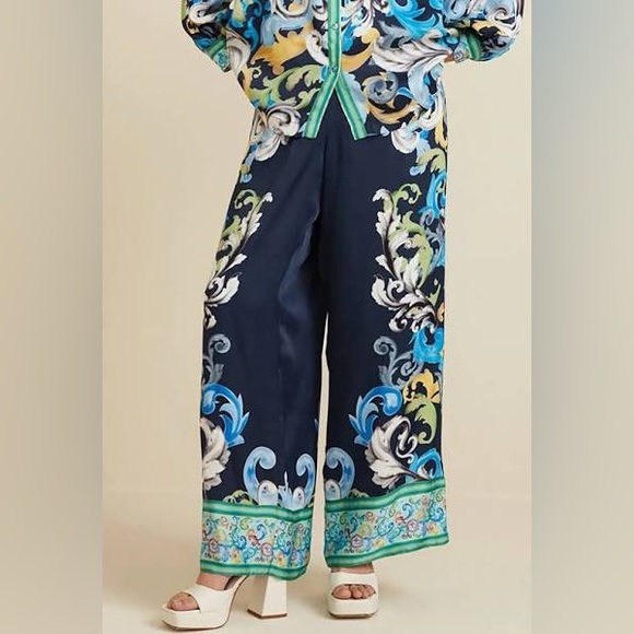 New Ranna Gill x Anthropologie Blue Printed Satin Wide Leg Resort Pants sz S